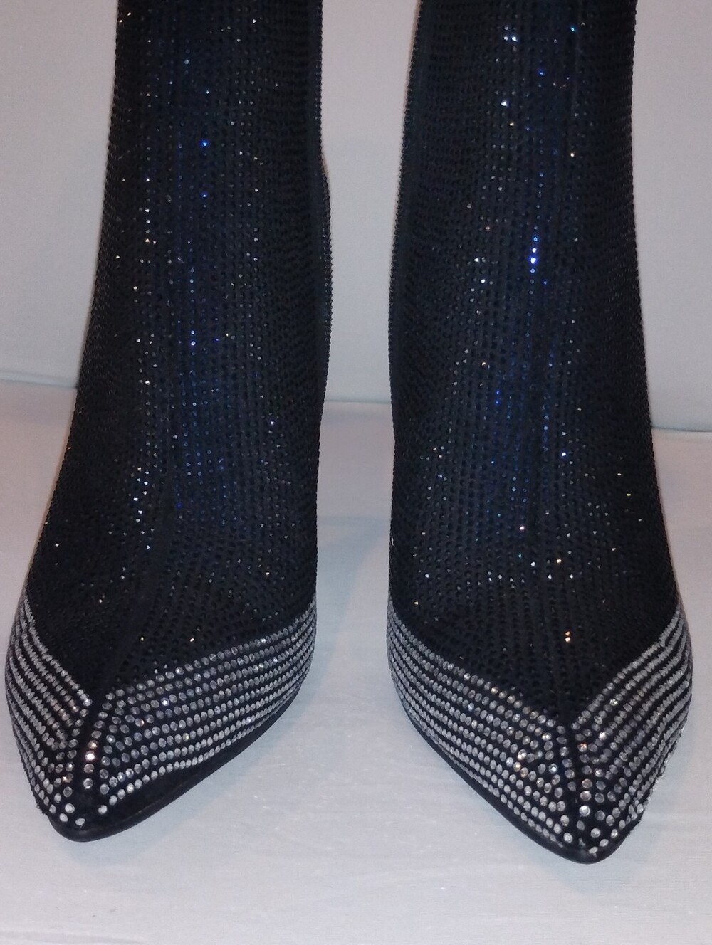 Black Rhinestone Pointed-Toe Sock Booties - Women's Fashion Boots Size 8